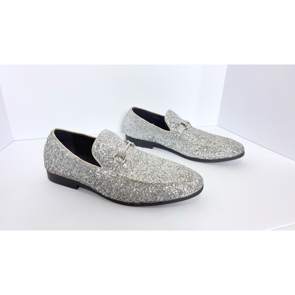 Bravo Silver Glitter Slip On Loafer Dress Shoes Men Size 12 Statement Party